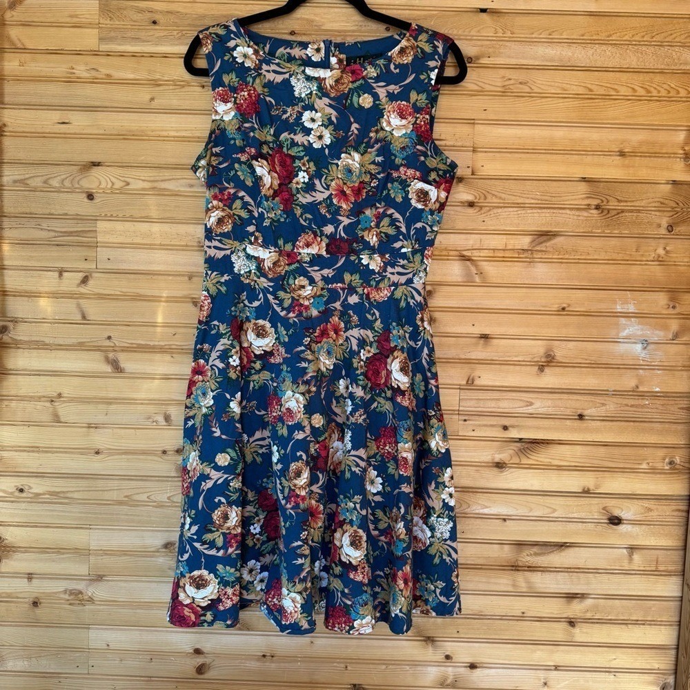 iHot Dress Sleeveless Tank Floral Blue Red A-Line Brunch Shower Guest Large